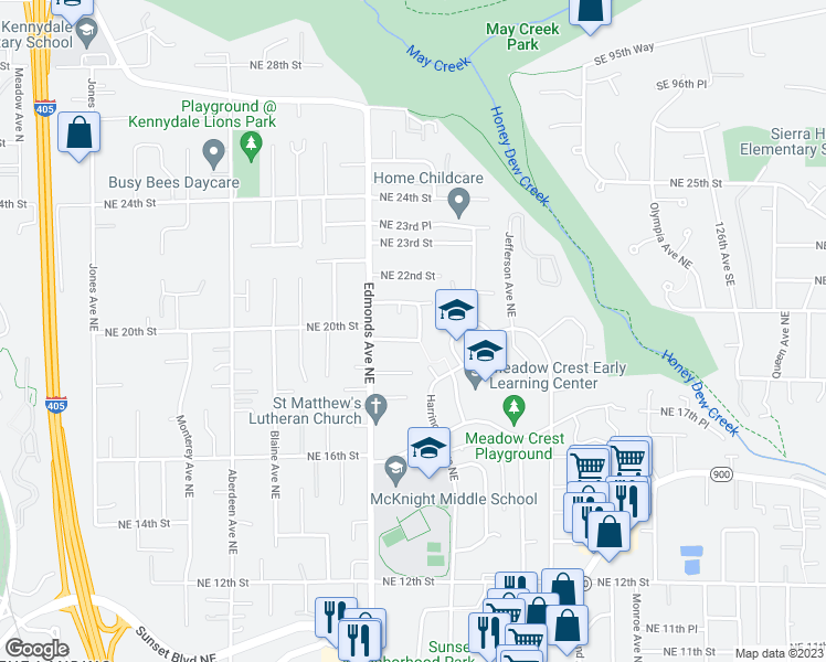 map of restaurants, bars, coffee shops, grocery stores, and more near 2624 Northeast 20th Street in Renton