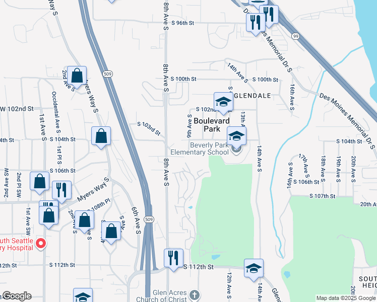 map of restaurants, bars, coffee shops, grocery stores, and more near 824 South 105th Street in Seattle