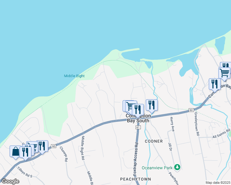 map of restaurants, bars, coffee shops, grocery stores, and more near 34 Fagans Road in Conception Bay South