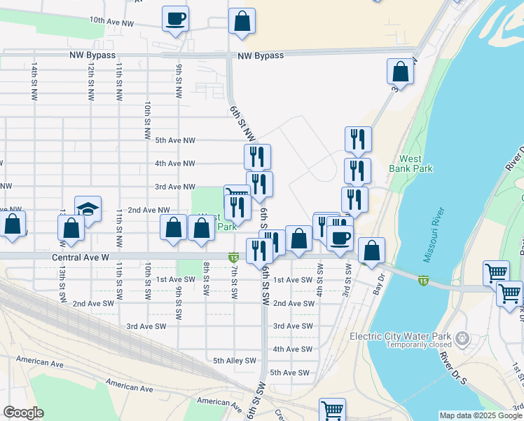 map of restaurants, bars, coffee shops, grocery stores, and more near 600 2nd Avenue Northwest in Great Falls