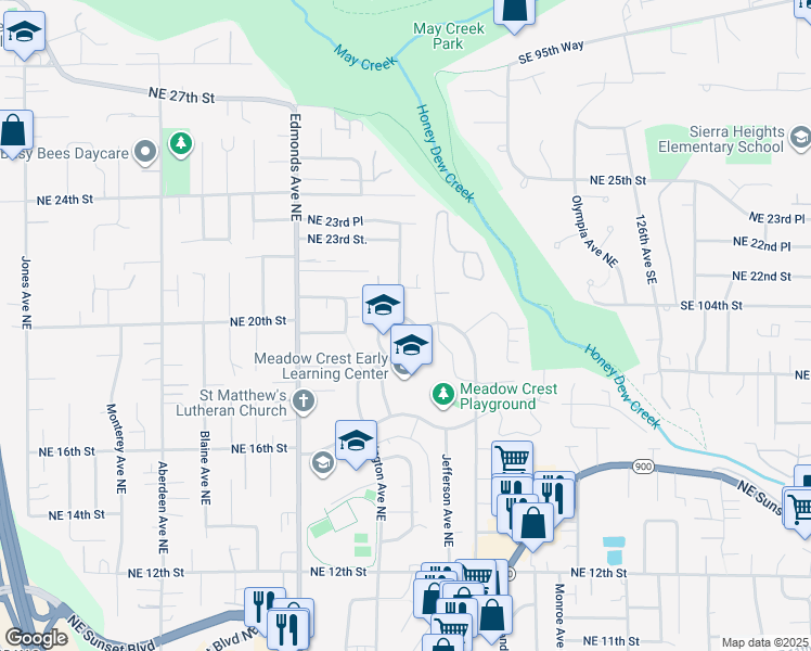 map of restaurants, bars, coffee shops, grocery stores, and more near 1927 Harrington Avenue Northeast in Renton