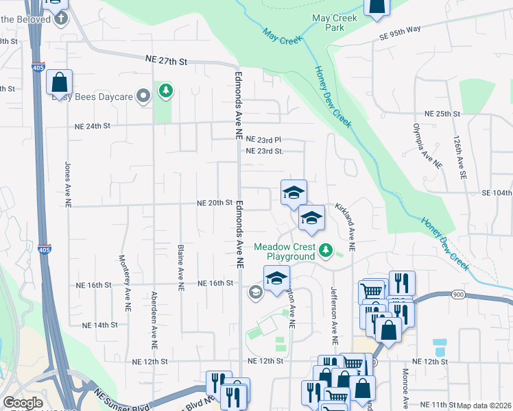 map of restaurants, bars, coffee shops, grocery stores, and more near 2624 Northeast 20th Street in Renton