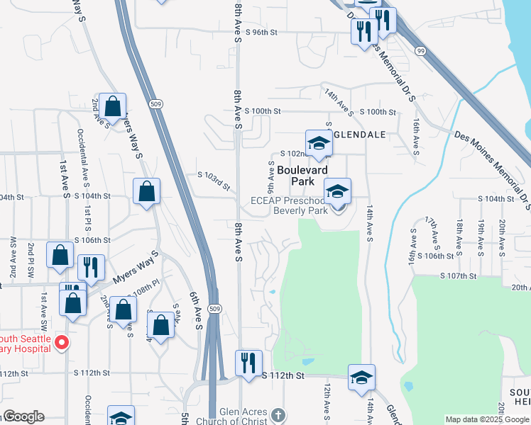 map of restaurants, bars, coffee shops, grocery stores, and more near 824 South 105th Street in Seattle