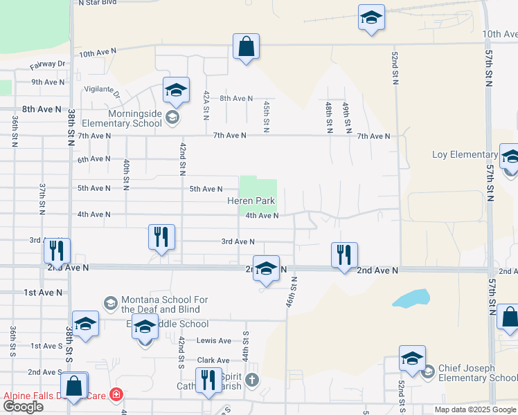 map of restaurants, bars, coffee shops, grocery stores, and more near 4415 4th Avenue North in Great Falls