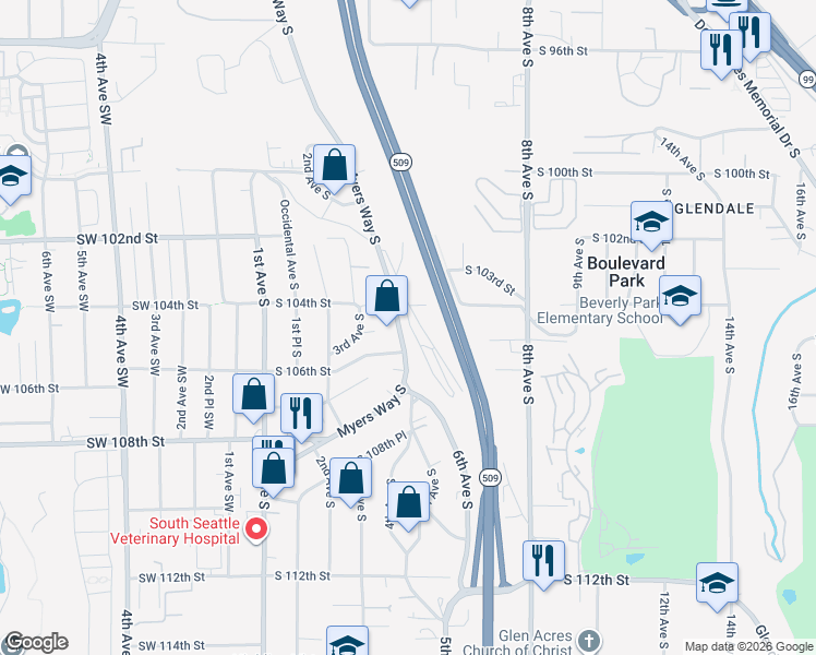 map of restaurants, bars, coffee shops, grocery stores, and more near 10421 Aqua Way South in Seattle