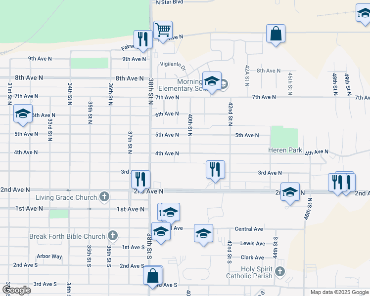 map of restaurants, bars, coffee shops, grocery stores, and more near 3853 4th Avenue North in Great Falls