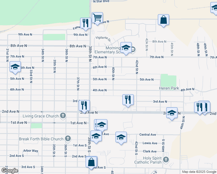 map of restaurants, bars, coffee shops, grocery stores, and more near 3853 4th Ave N in Great Falls