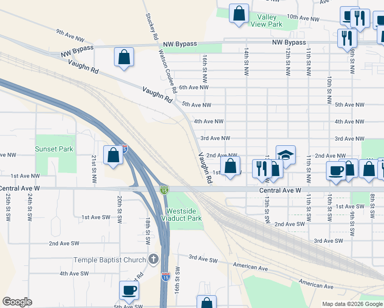 map of restaurants, bars, coffee shops, grocery stores, and more near 1325 10th Avenue South in Great Falls