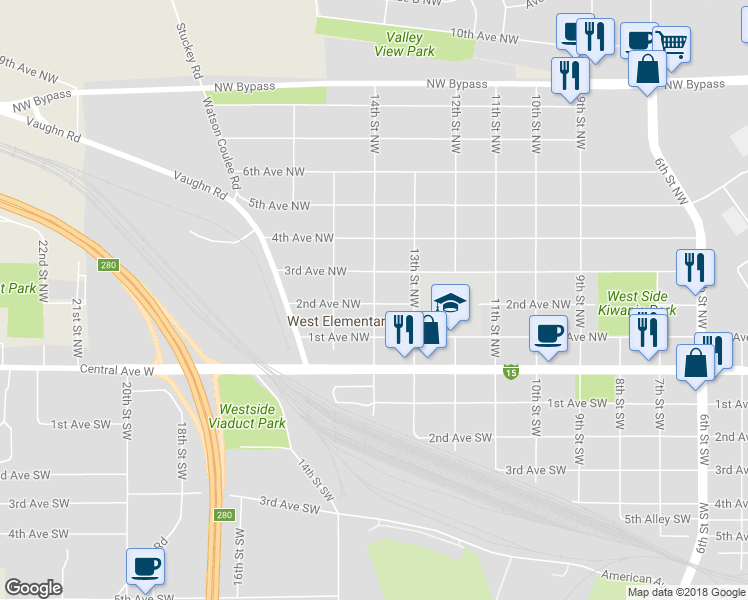 map of restaurants, bars, coffee shops, grocery stores, and more near 212 14th Street Northwest in Great Falls