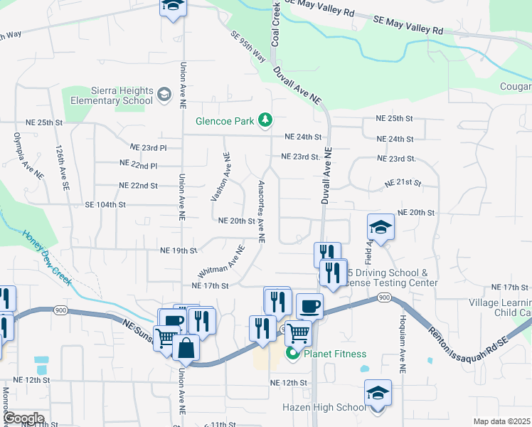 map of restaurants, bars, coffee shops, grocery stores, and more near 2008 Anacortes Avenue Northeast in Renton