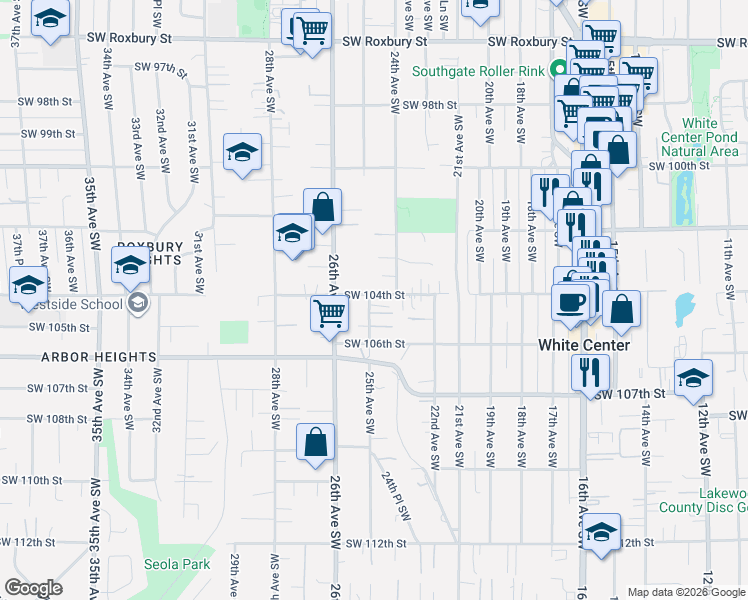 map of restaurants, bars, coffee shops, grocery stores, and more near 10412 25th Avenue Southwest in Seattle