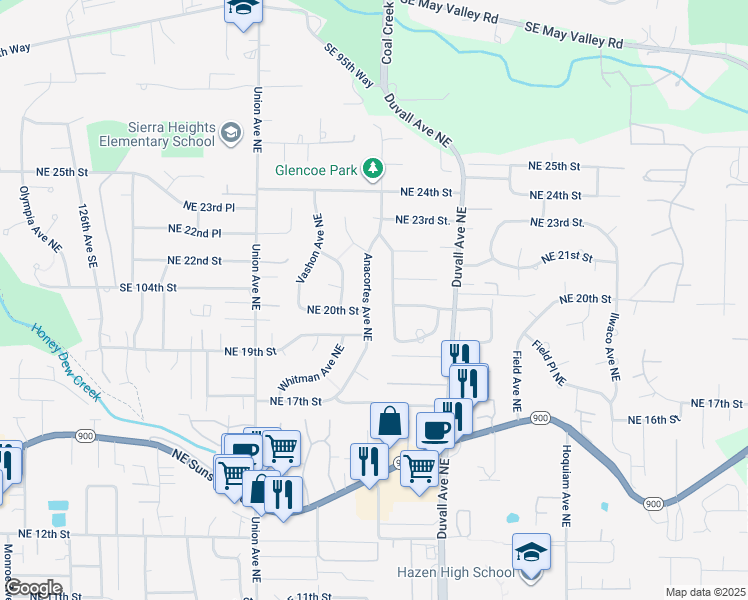 map of restaurants, bars, coffee shops, grocery stores, and more near 2008 Anacortes Avenue Northeast in Renton