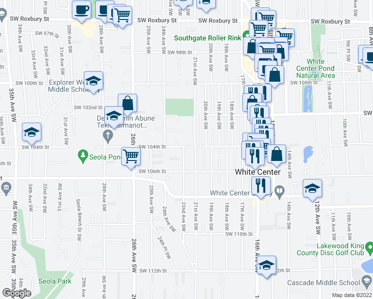 map of restaurants, bars, coffee shops, grocery stores, and more near 10404 22nd Avenue Southwest in Seattle