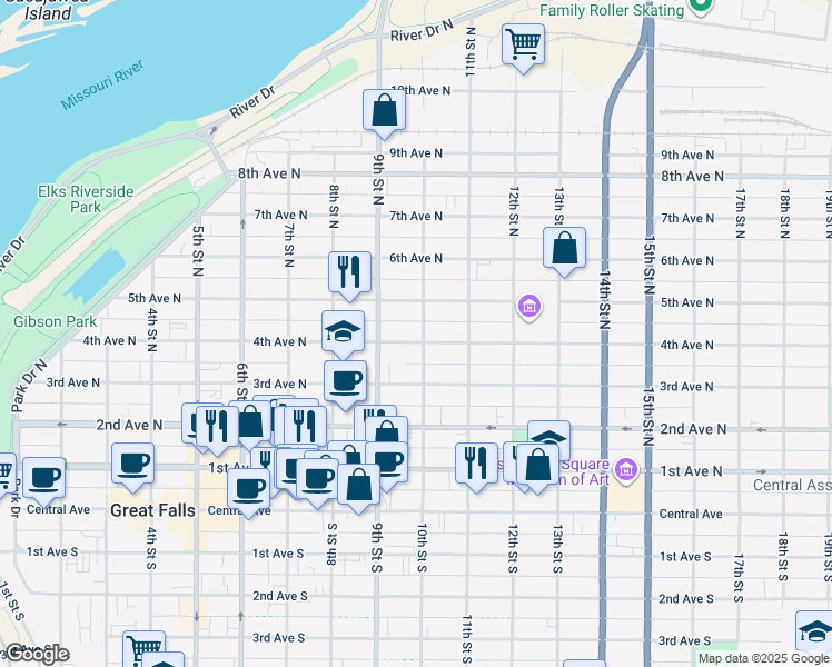 map of restaurants, bars, coffee shops, grocery stores, and more near 920 4th Avenue North in Great Falls