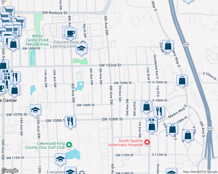 map of restaurants, bars, coffee shops, grocery stores, and more near 10422 5th Avenue Southwest in Seattle