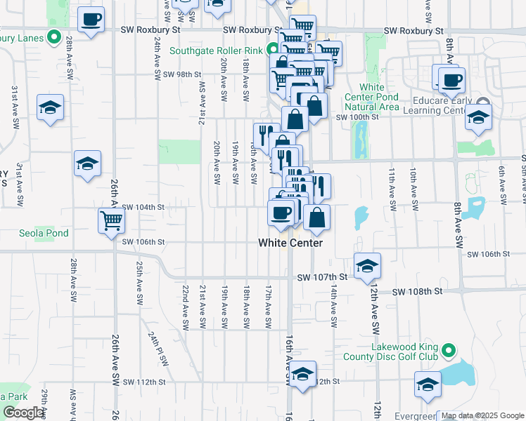 map of restaurants, bars, coffee shops, grocery stores, and more near 10420 17th Avenue Southwest in Seattle