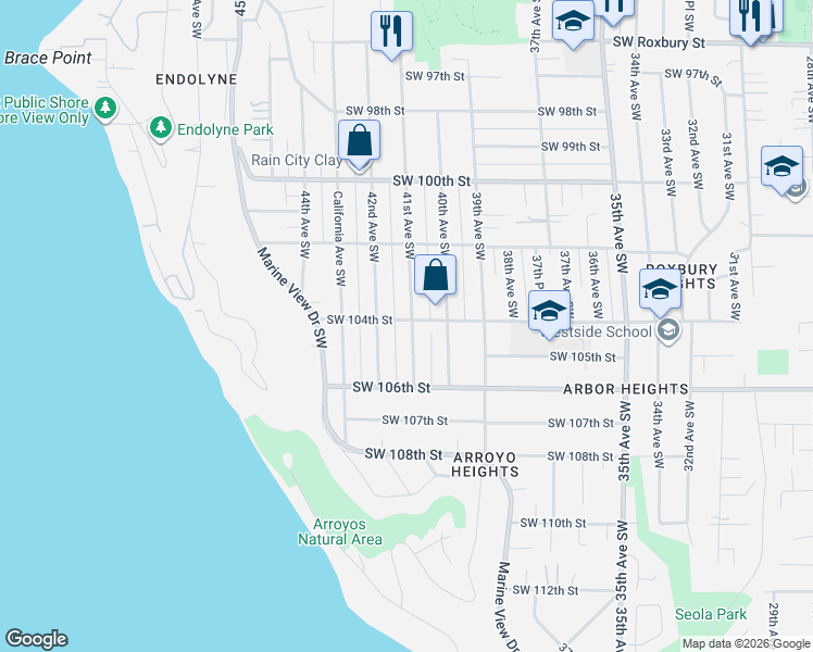 map of restaurants, bars, coffee shops, grocery stores, and more near 10415 41st Avenue Southwest in Seattle