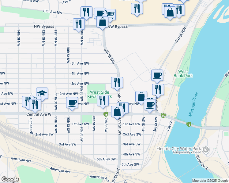 map of restaurants, bars, coffee shops, grocery stores, and more near 600-698 2nd Ave NW in Great Falls