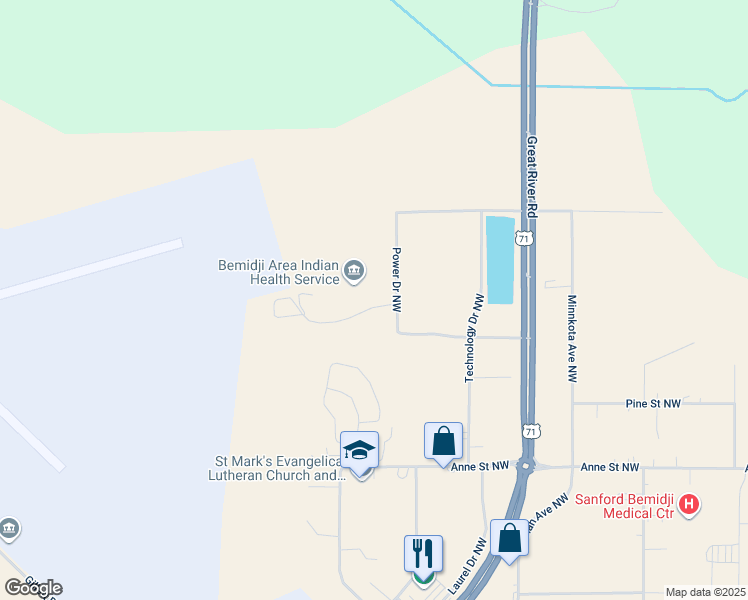 map of restaurants, bars, coffee shops, grocery stores, and more near 4228 Power Drive Northwest in Bemidji