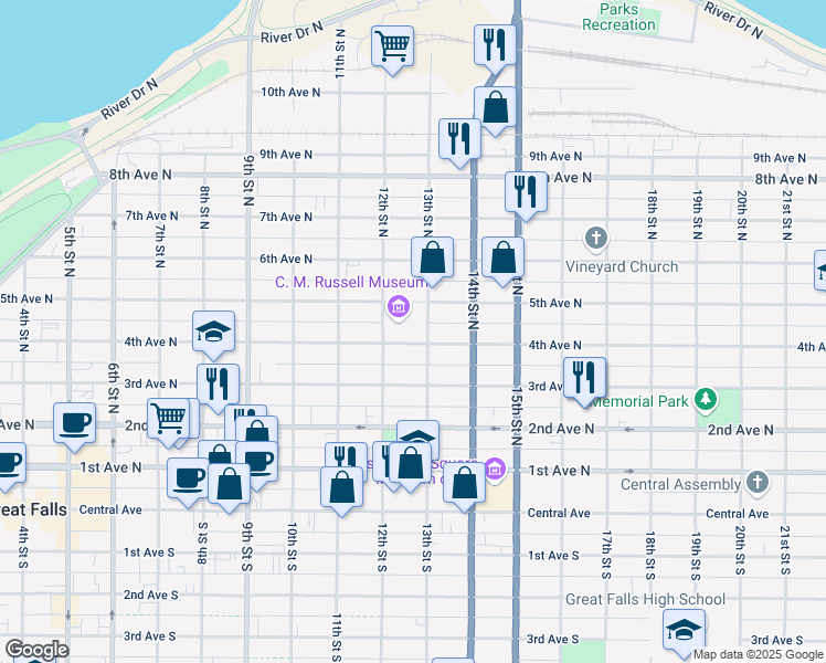 map of restaurants, bars, coffee shops, grocery stores, and more near 1217 4th Avenue North in Great Falls
