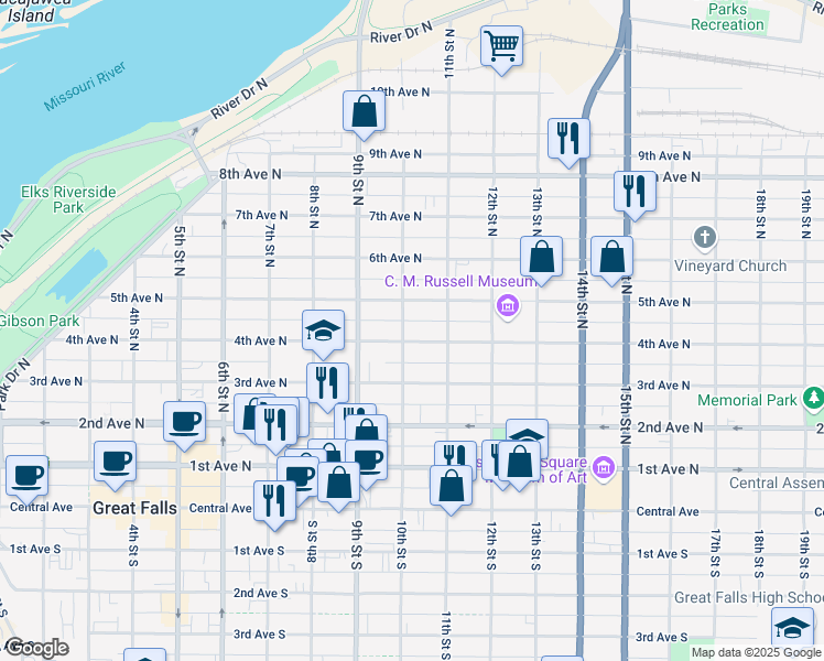 map of restaurants, bars, coffee shops, grocery stores, and more near 1003 4th Avenue North in Great Falls