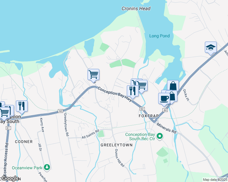 map of restaurants, bars, coffee shops, grocery stores, and more near 378 Conception Bay Highway in Conception Bay South