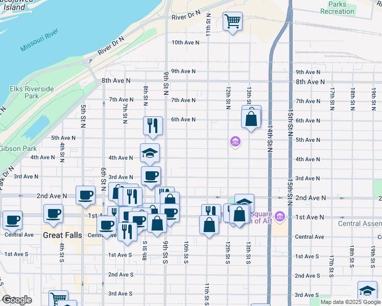 map of restaurants, bars, coffee shops, grocery stores, and more near 1003 4th Avenue North in Great Falls