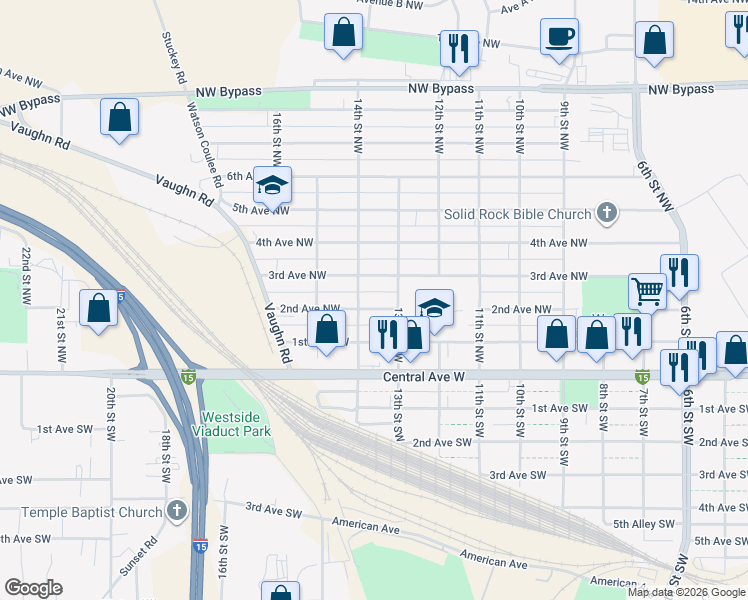 map of restaurants, bars, coffee shops, grocery stores, and more near 100-198 14th Street Northwest in Great Falls