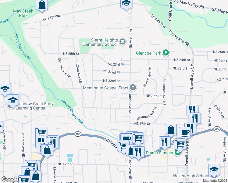 map of restaurants, bars, coffee shops, grocery stores, and more near 3811 Northeast 21st Street in Renton