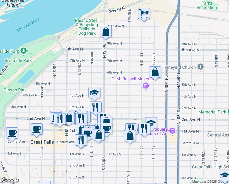 map of restaurants, bars, coffee shops, grocery stores, and more near 920 4th Avenue North in Great Falls
