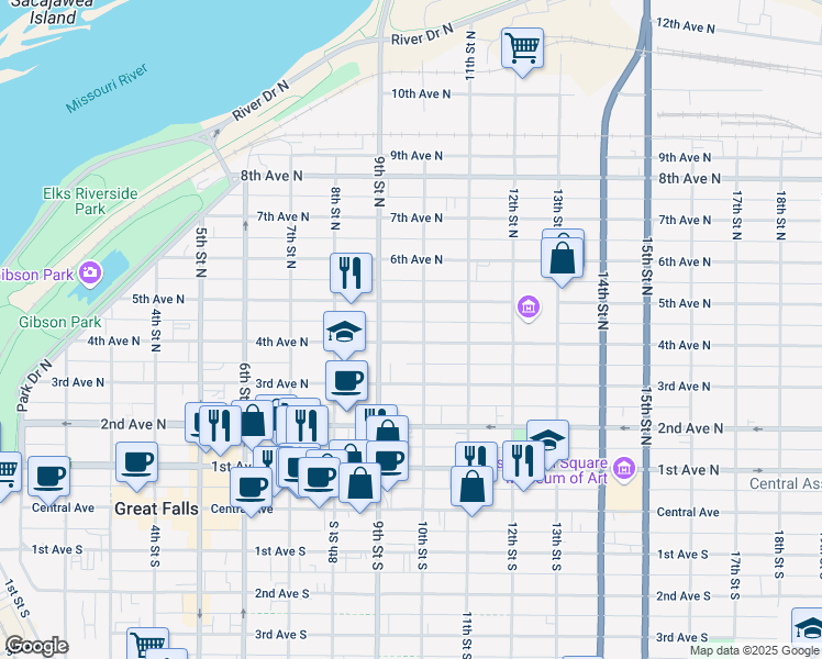 map of restaurants, bars, coffee shops, grocery stores, and more near 920 4th Avenue North in Great Falls