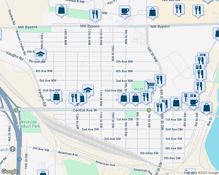 map of restaurants, bars, coffee shops, grocery stores, and more near 1003 2nd Avenue Northwest in Great Falls