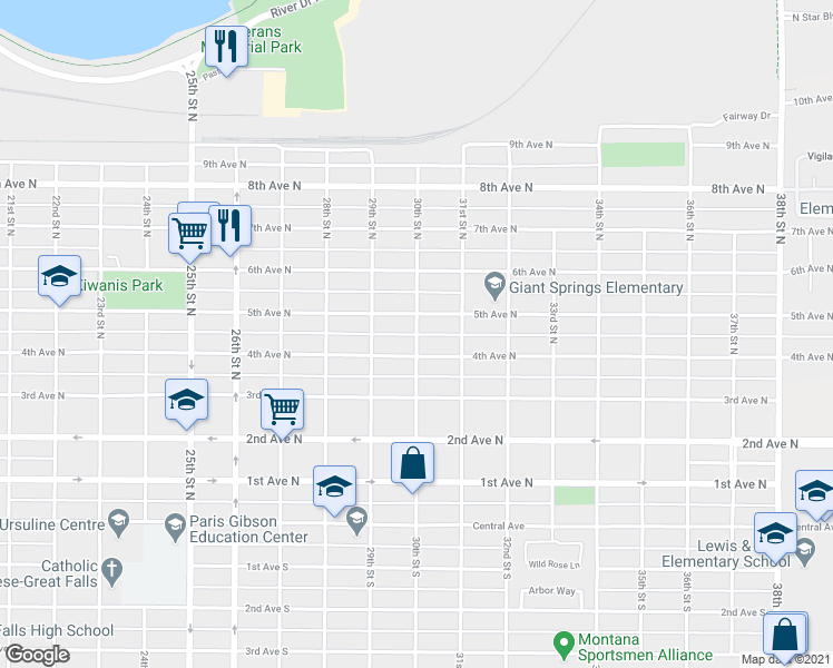 map of restaurants, bars, coffee shops, grocery stores, and more near 452 30th Street North in Great Falls