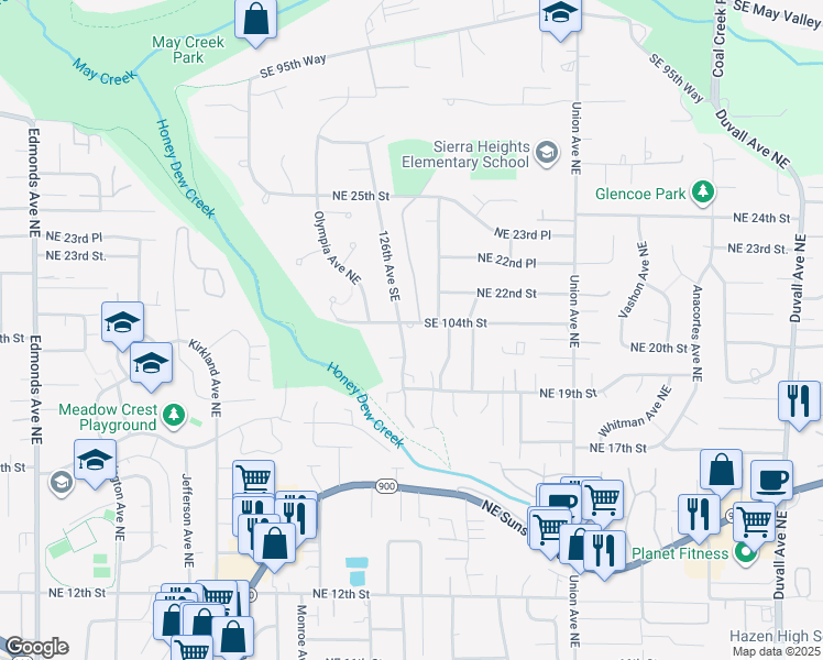 map of restaurants, bars, coffee shops, grocery stores, and more near 10504 126th Avenue Southeast in Renton