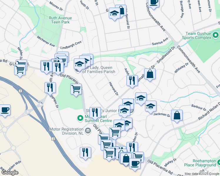 map of restaurants, bars, coffee shops, grocery stores, and more near 4 Oxford Crescent in Mount Pearl