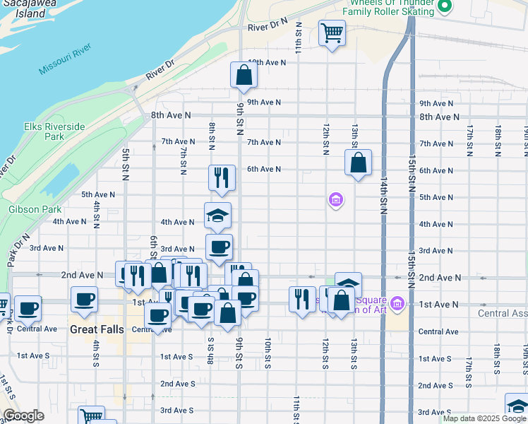 map of restaurants, bars, coffee shops, grocery stores, and more near 920 4th Avenue North in Great Falls
