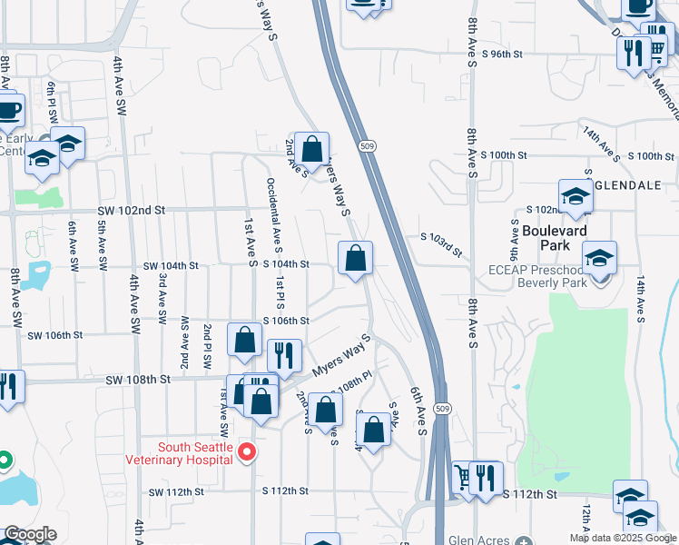 map of restaurants, bars, coffee shops, grocery stores, and more near 10440 3rd Avenue South in Seattle