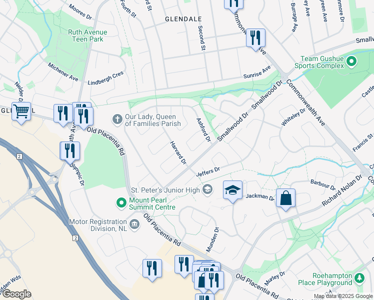 map of restaurants, bars, coffee shops, grocery stores, and more near 22 Princeton Crescent in Mount Pearl