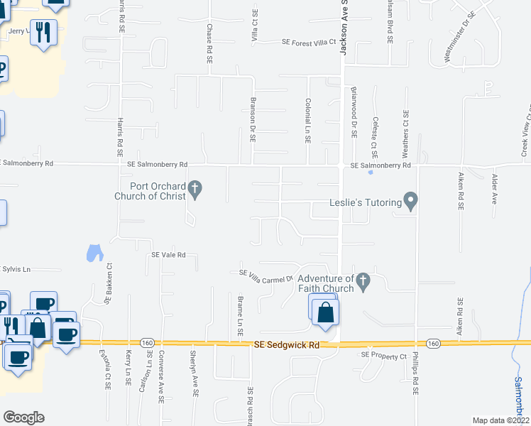 map of restaurants, bars, coffee shops, grocery stores, and more near 2883 Southeast Travera Drive in Port Orchard