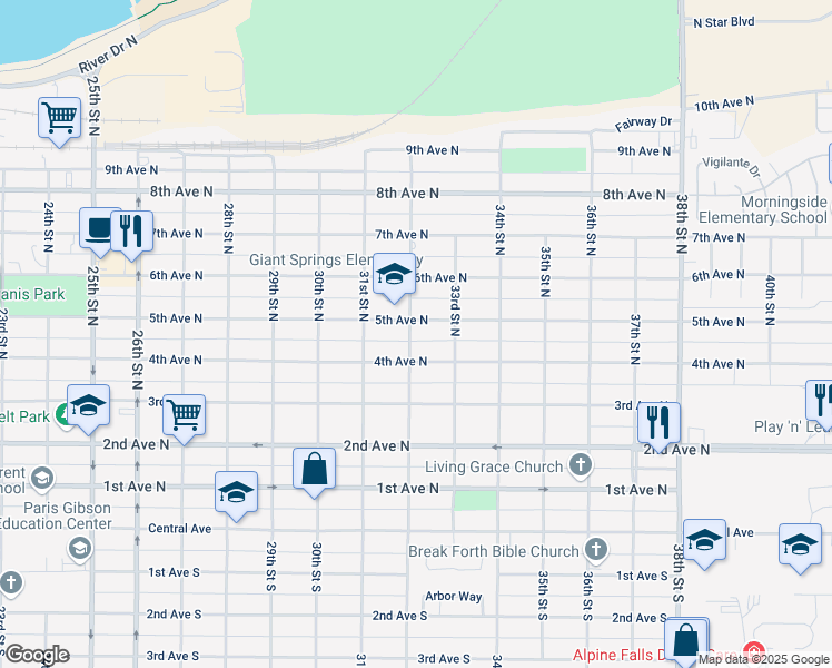 map of restaurants, bars, coffee shops, grocery stores, and more near 400-448 32nd Street North in Great Falls