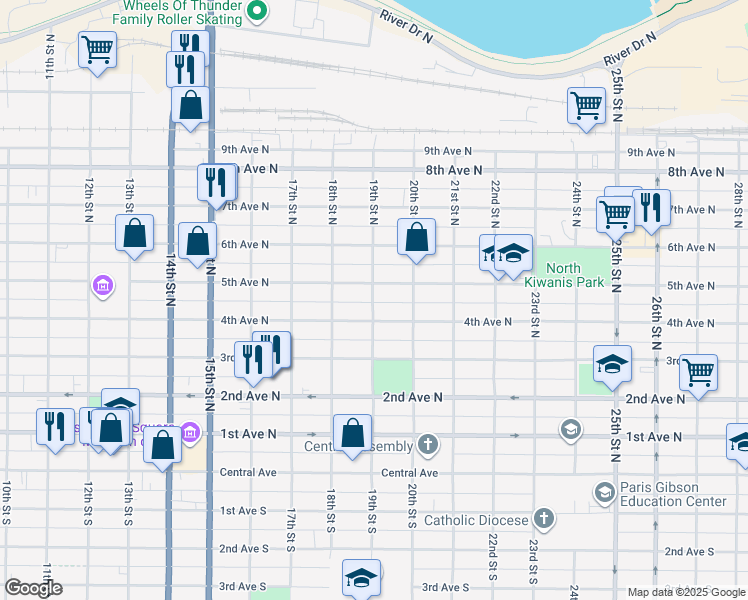 map of restaurants, bars, coffee shops, grocery stores, and more near 1900 4th Avenue North in Great Falls