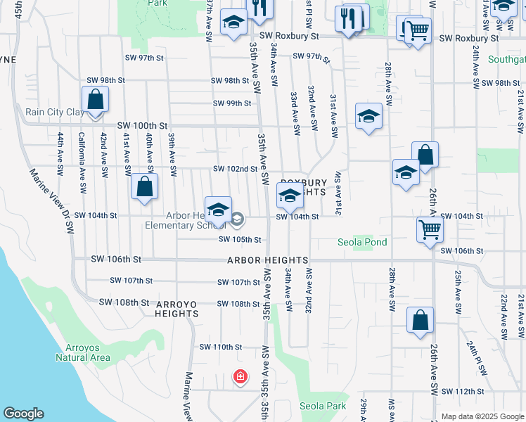 map of restaurants, bars, coffee shops, grocery stores, and more near 10230 35th Avenue Southwest in Seattle