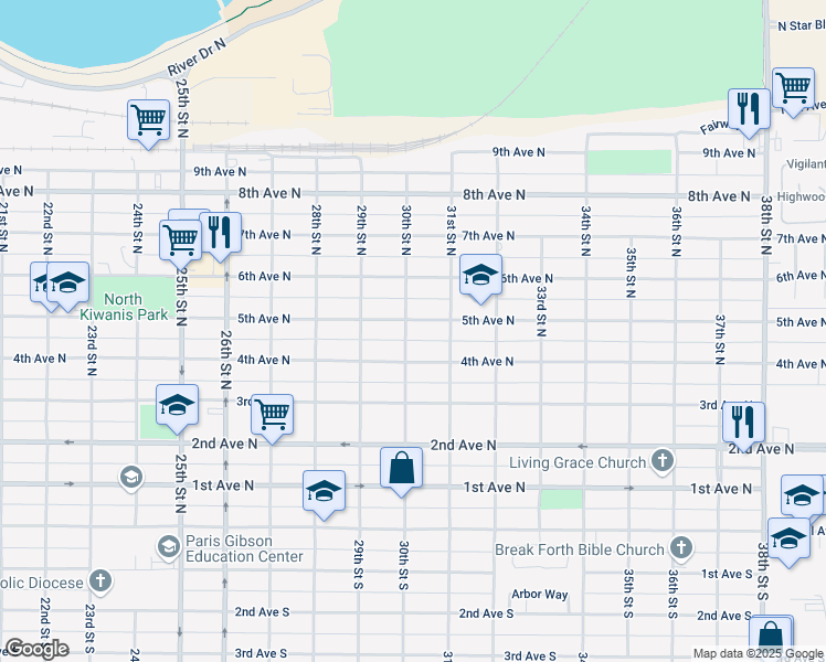 map of restaurants, bars, coffee shops, grocery stores, and more near 3005 5th Ave N in Great Falls