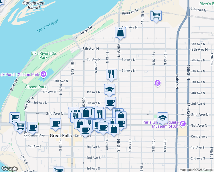 map of restaurants, bars, coffee shops, grocery stores, and more near 504 8th Street North in Great Falls