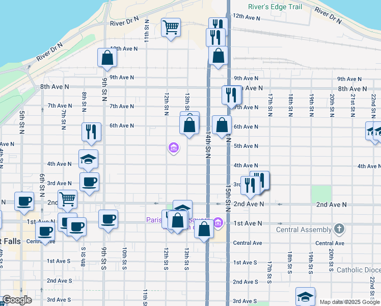 map of restaurants, bars, coffee shops, grocery stores, and more near 1301 5th Avenue North in Great Falls