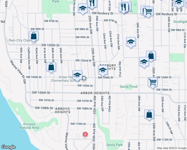 map of restaurants, bars, coffee shops, grocery stores, and more near 10230 35th Avenue Southwest in Seattle