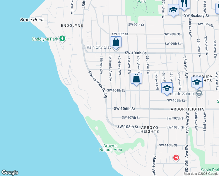map of restaurants, bars, coffee shops, grocery stores, and more near 10234 44th Avenue Southwest in Seattle