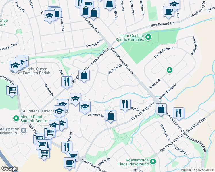 map of restaurants, bars, coffee shops, grocery stores, and more near 31 Whiteley Drive in Mount Pearl