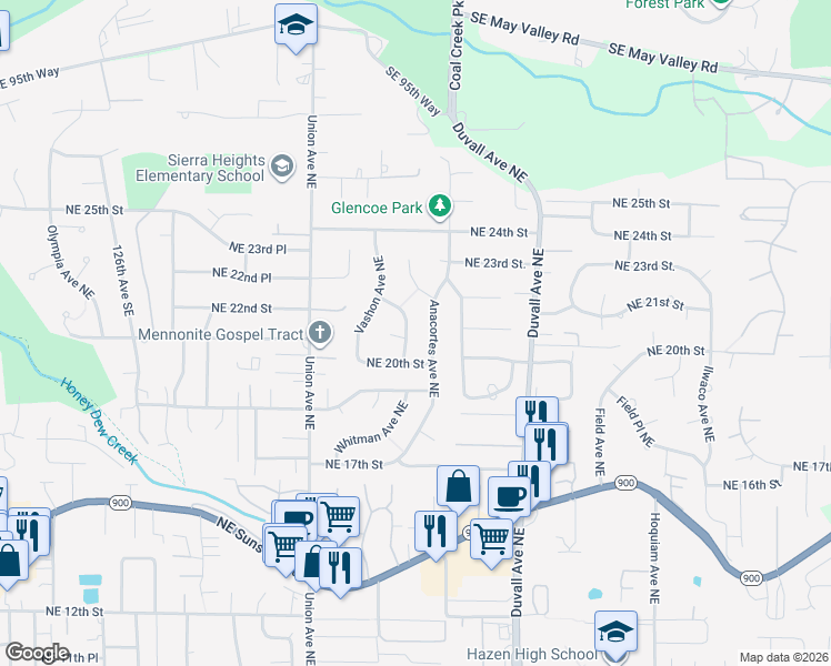 map of restaurants, bars, coffee shops, grocery stores, and more near 2113 Anacortes Avenue Northeast in Renton