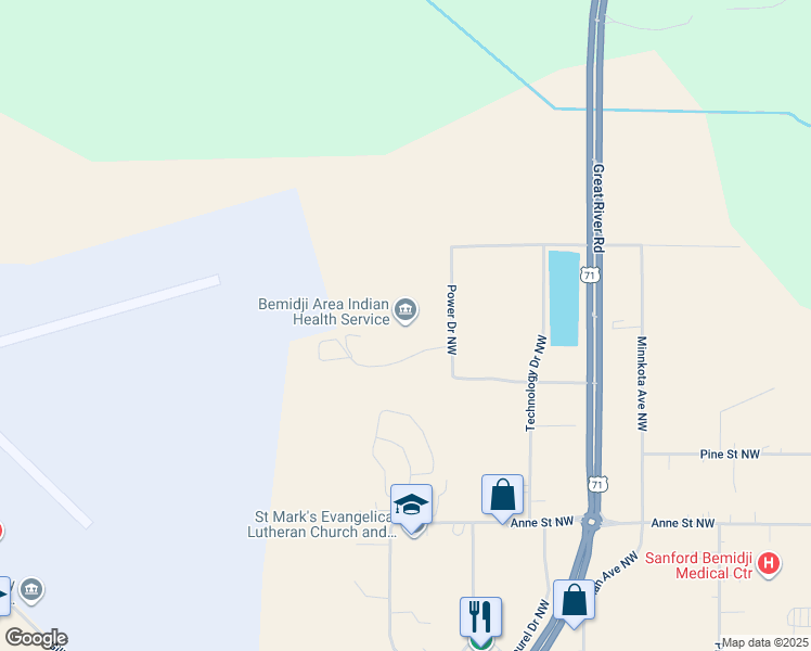 map of restaurants, bars, coffee shops, grocery stores, and more near Minnesota Court Northwest in Bemidji